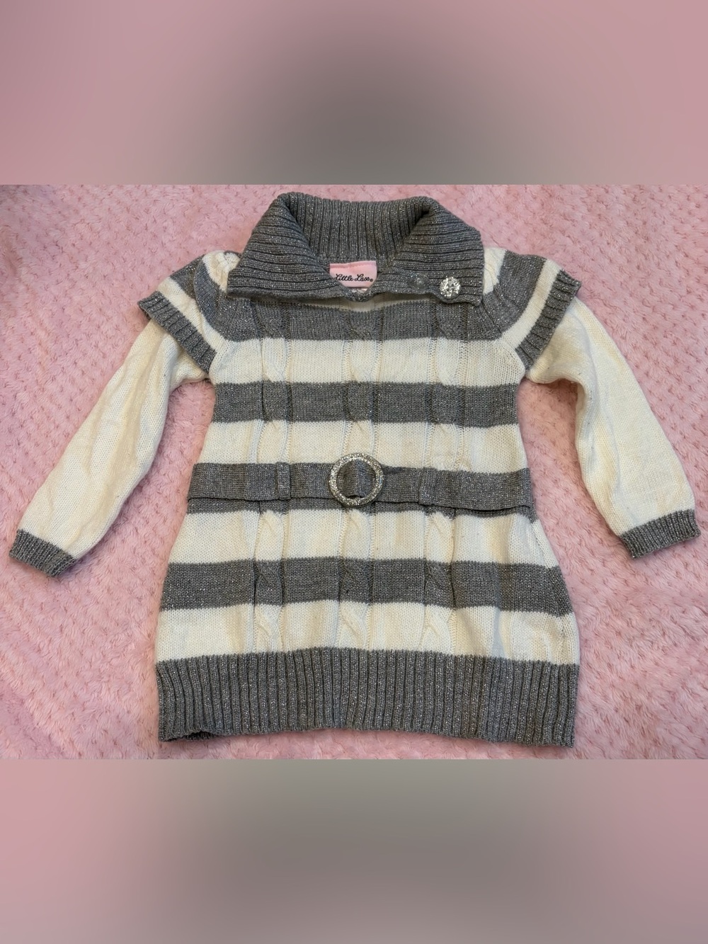 Striped Knit Sweater Dress - Gray & Cream - Little Lass